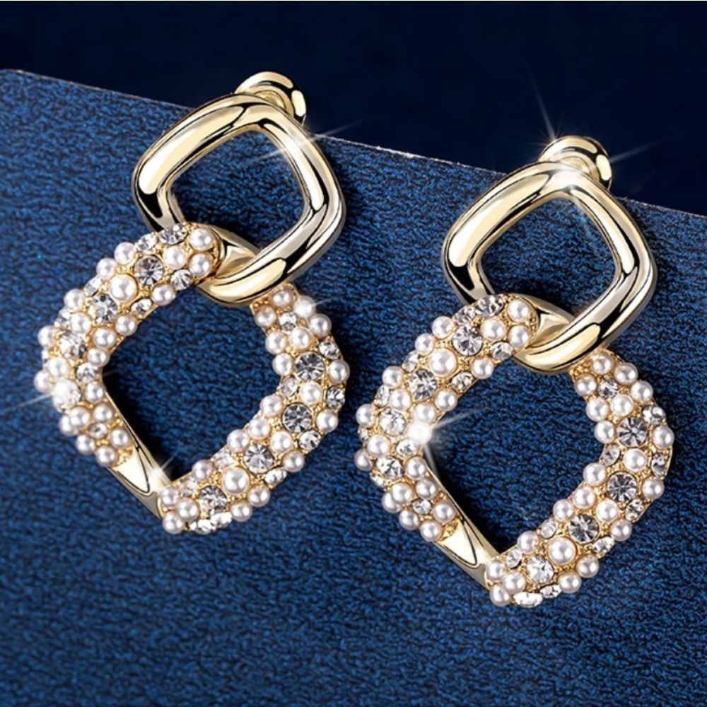 Gold rhinestone Statement earrings faux mini pearl chunky formal jewelry 💖2/$30